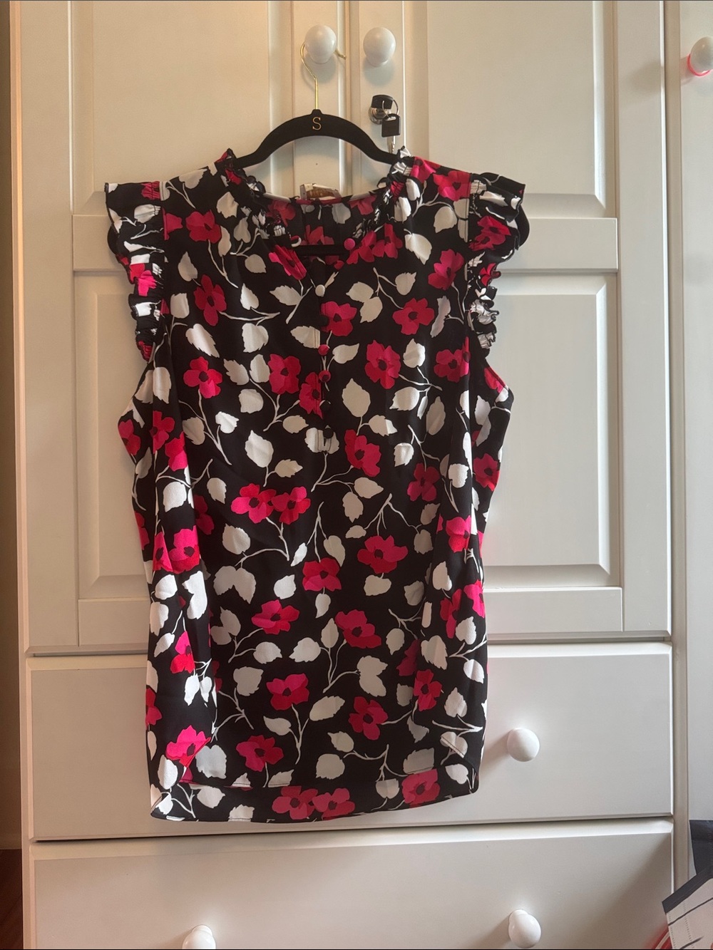 kate spade Black Sleeveless Floral Ruffle Neck Top with Pink and White Blooms